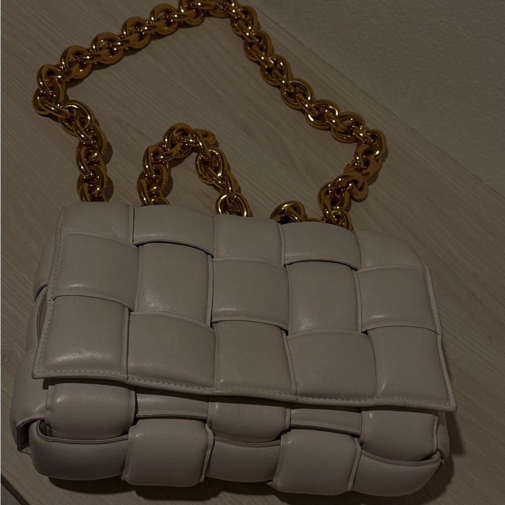 Bottega Veneta Cream Woven Bag with Gold Chain